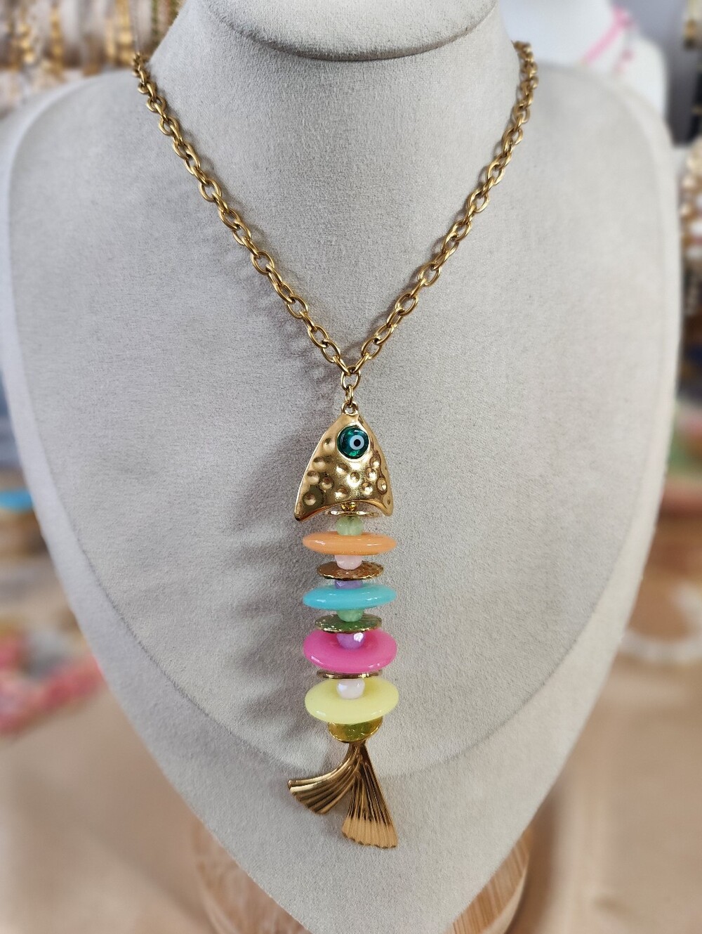 Gold Multicolor Statement Fish Pendant Necklace